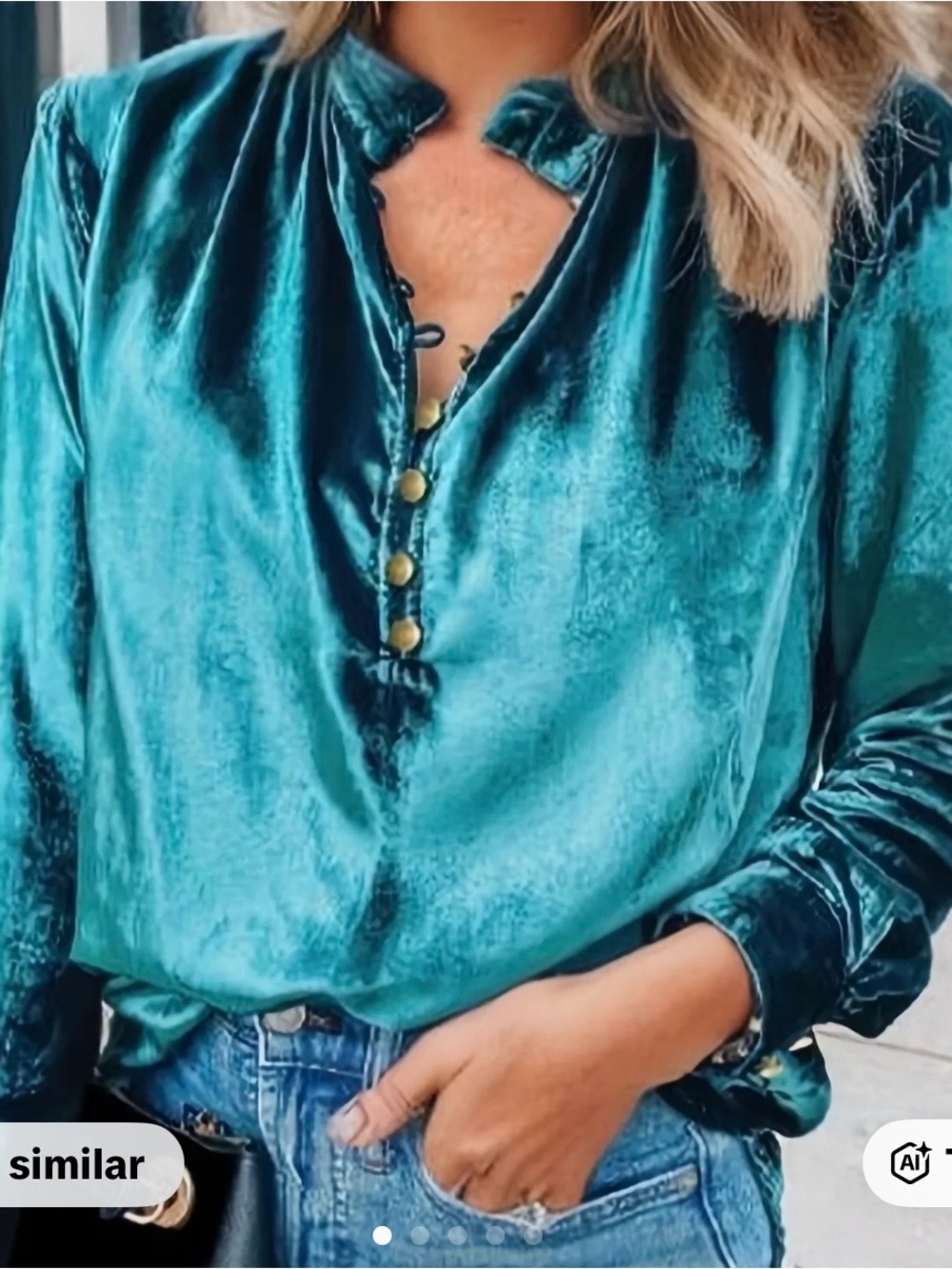 Teal Velvet Ruffled Henley Blouse